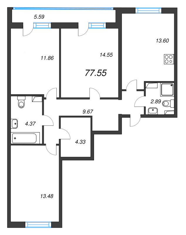 3 ккв 77,6 м²