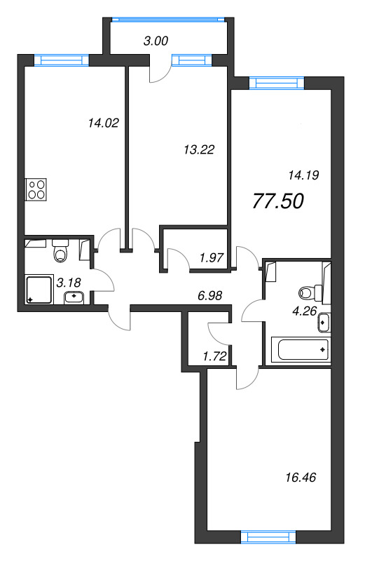 3 ккв 77,5 м²