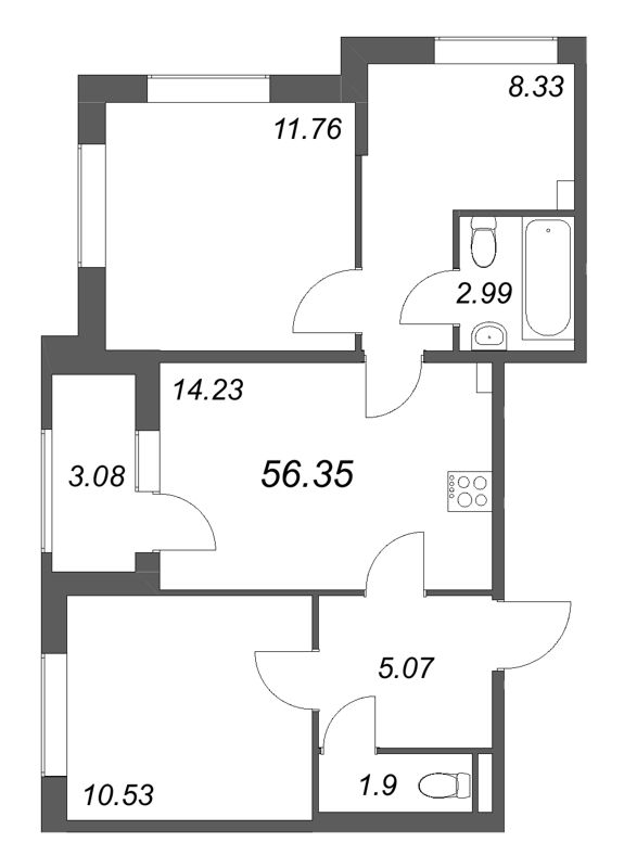 3 ккв 56,4 м²