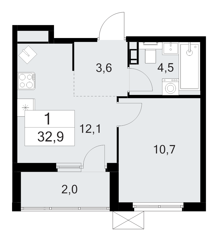 1 ккв 32,9 м²