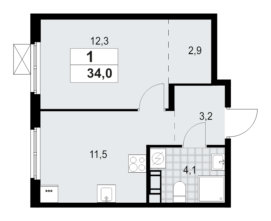 1 ккв 34 м²