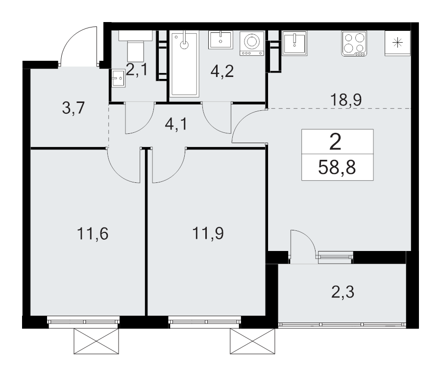 3 ккв (Евро) 58,8 м²