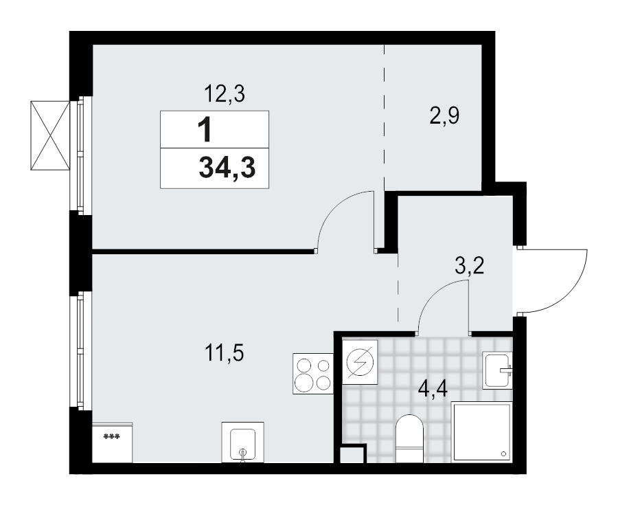 1 ккв 34,3 м²