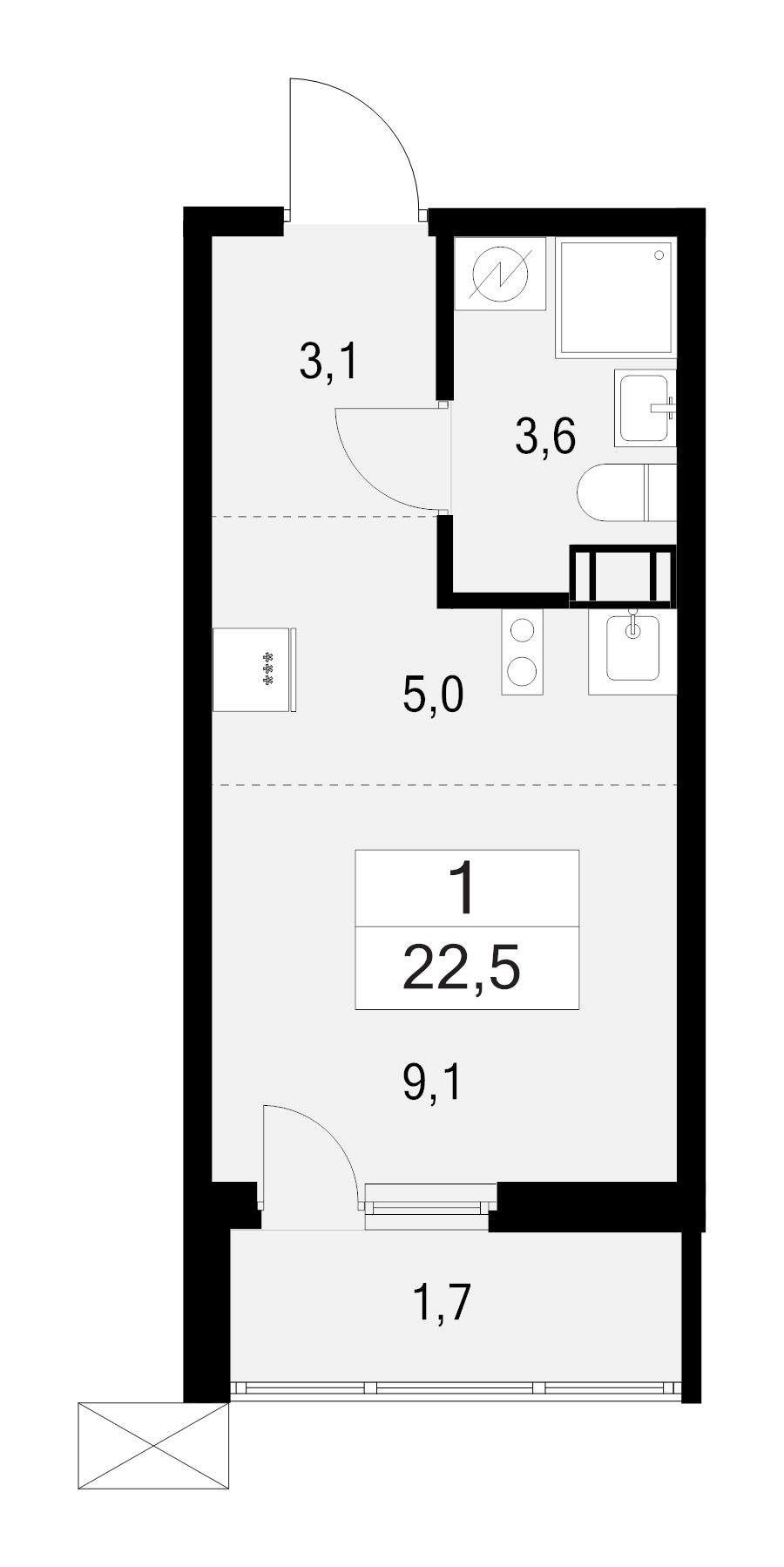 Студия 22,5 м²