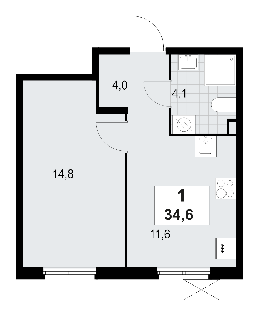 1 ккв 34,6 м²