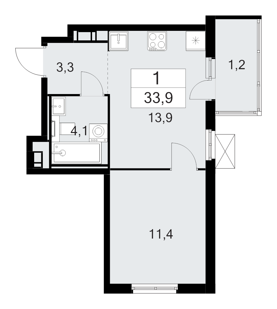 1 ккв 33,9 м²