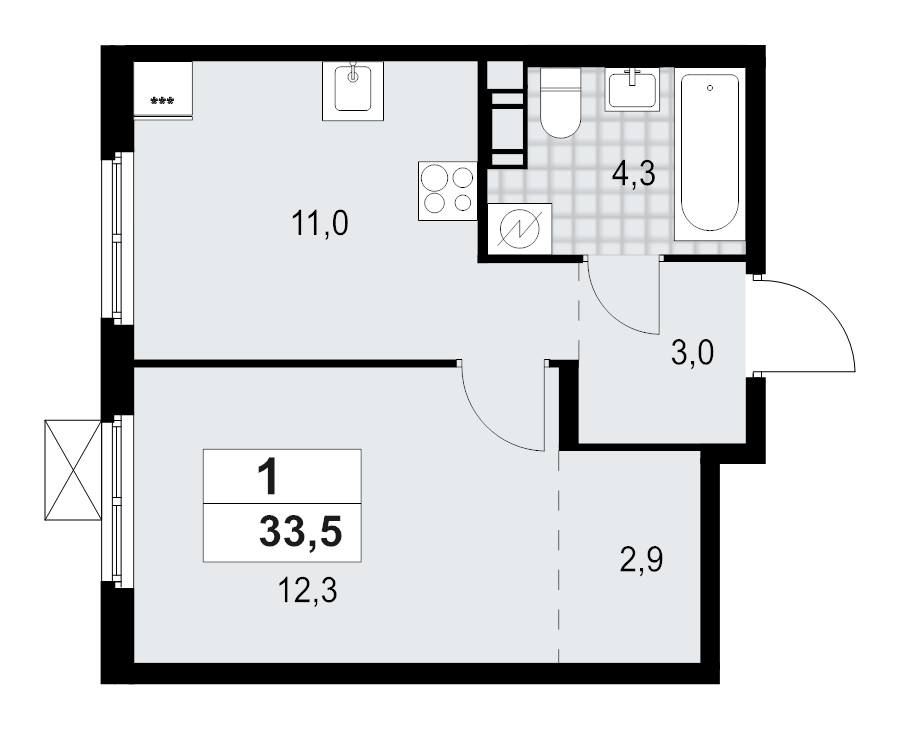 1 ккв 33,5 м²