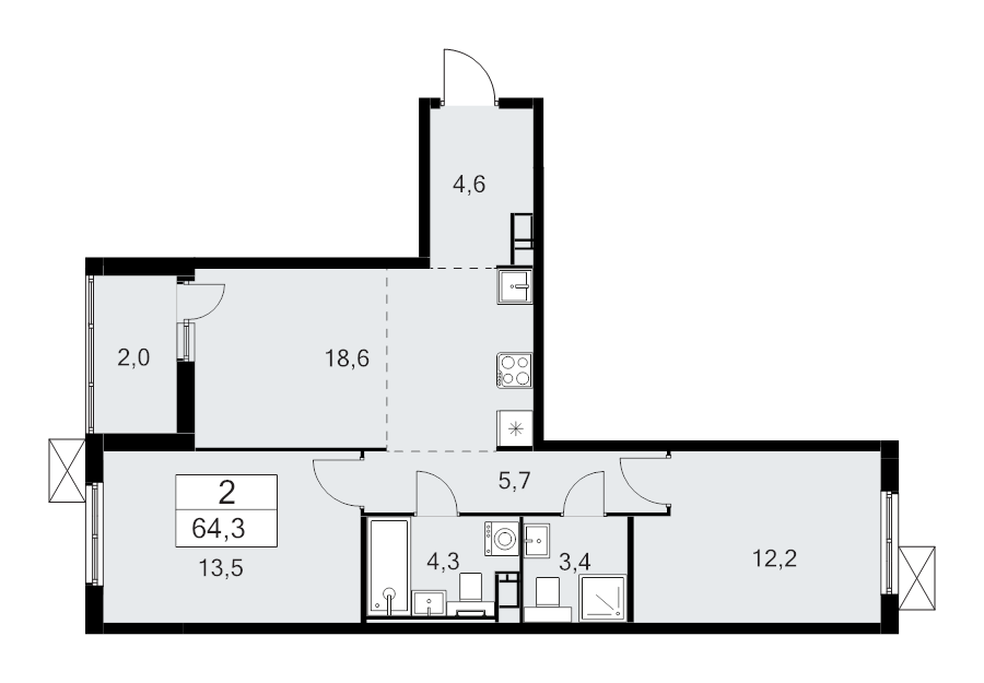 3 ккв (Евро) 64,3 м²