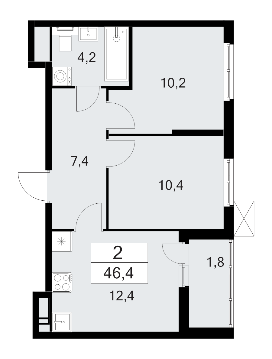 2 ккв 46,4 м²