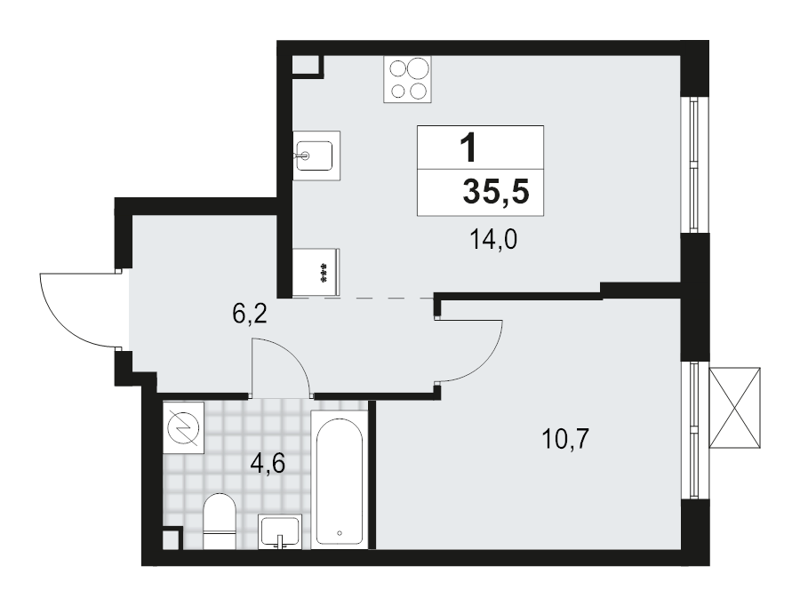 1 ккв 35,5 м²