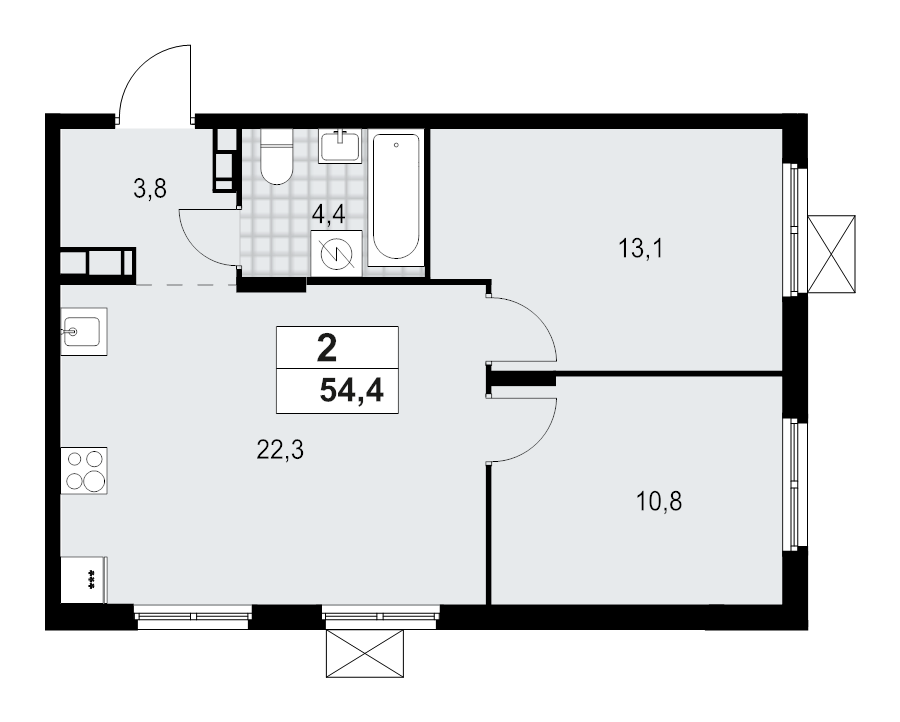 3 ккв (Евро) 54,4 м²