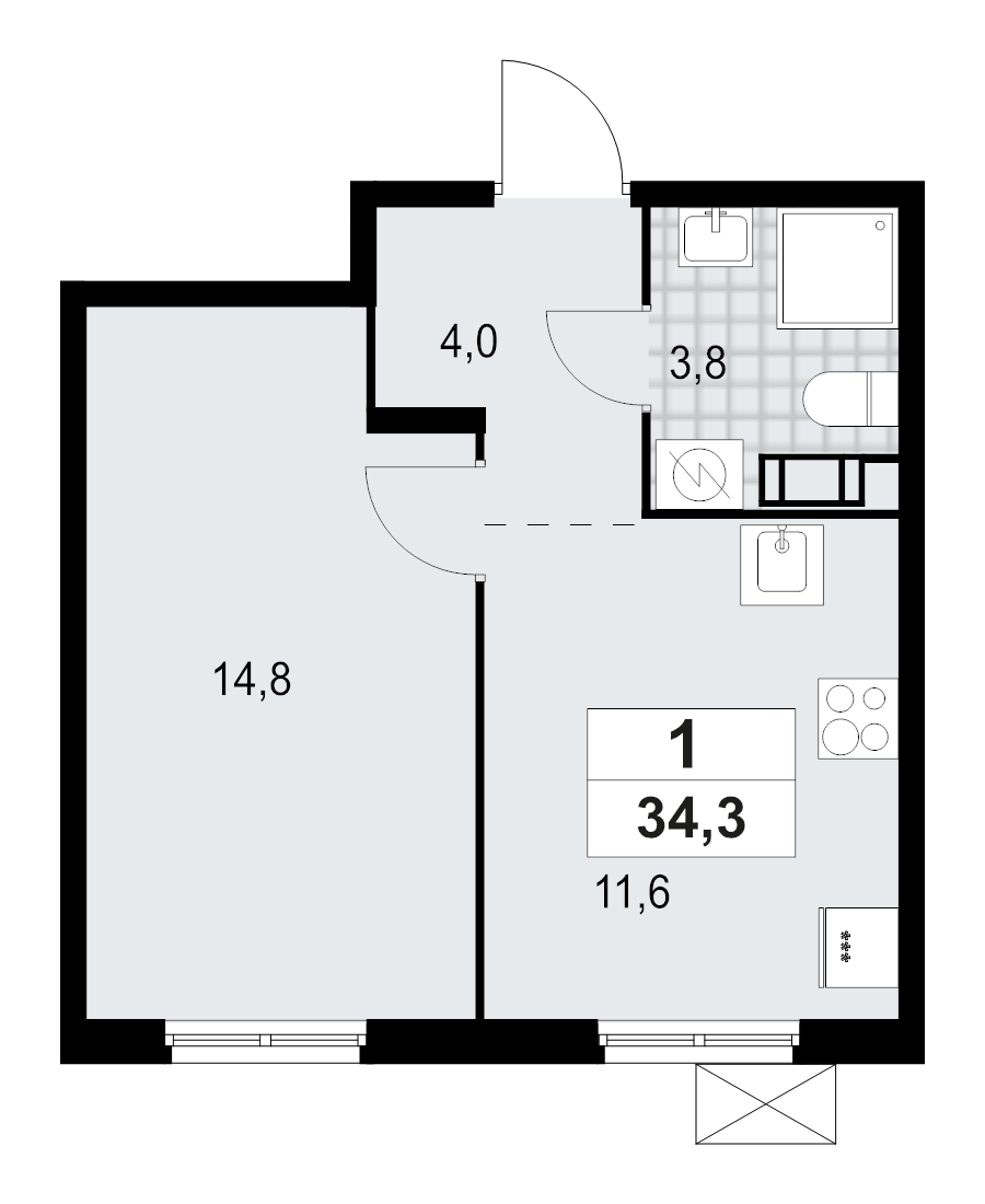 1 ккв 34,3 м²