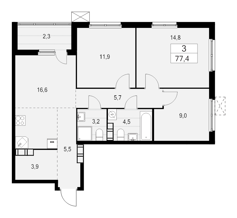 4 ккв (Евро) 77,4 м²