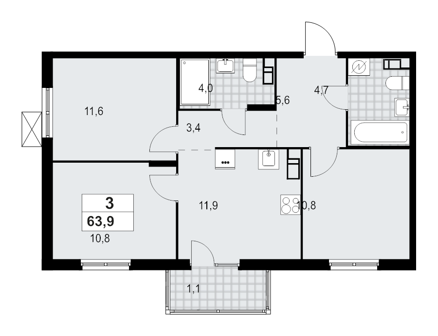 3 ккв 63,9 м²