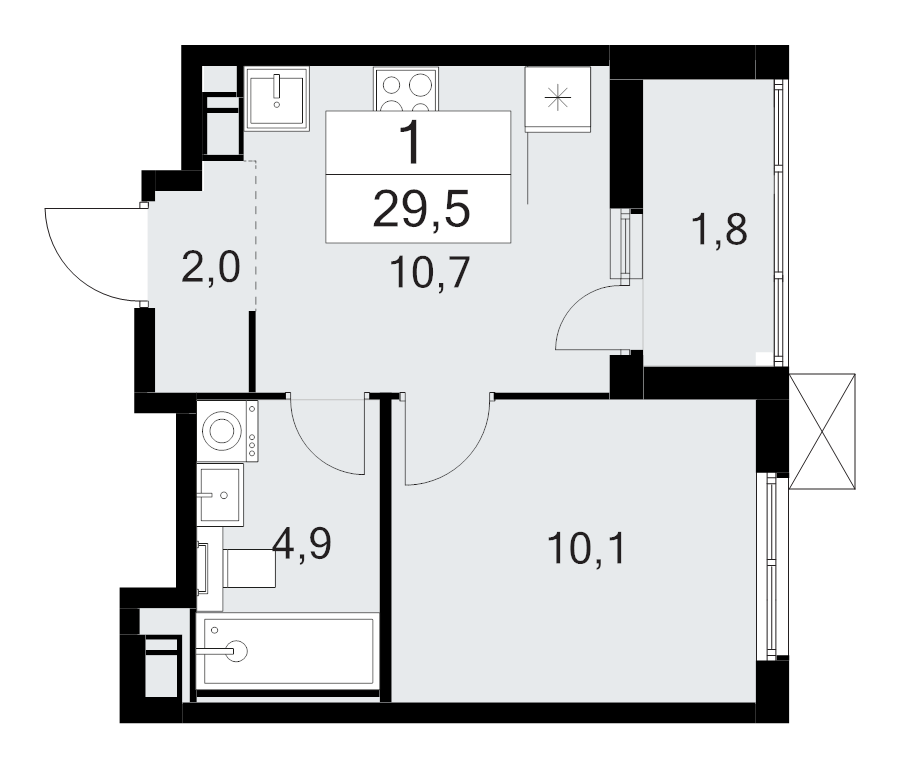 1 ккв 29,5 м²
