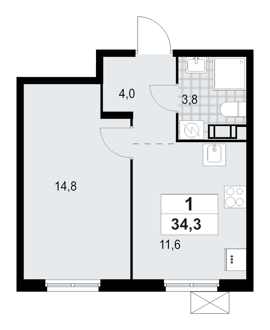 1 ккв 34,3 м²