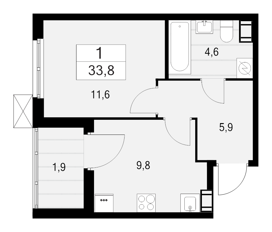 1 ккв 33,8 м²