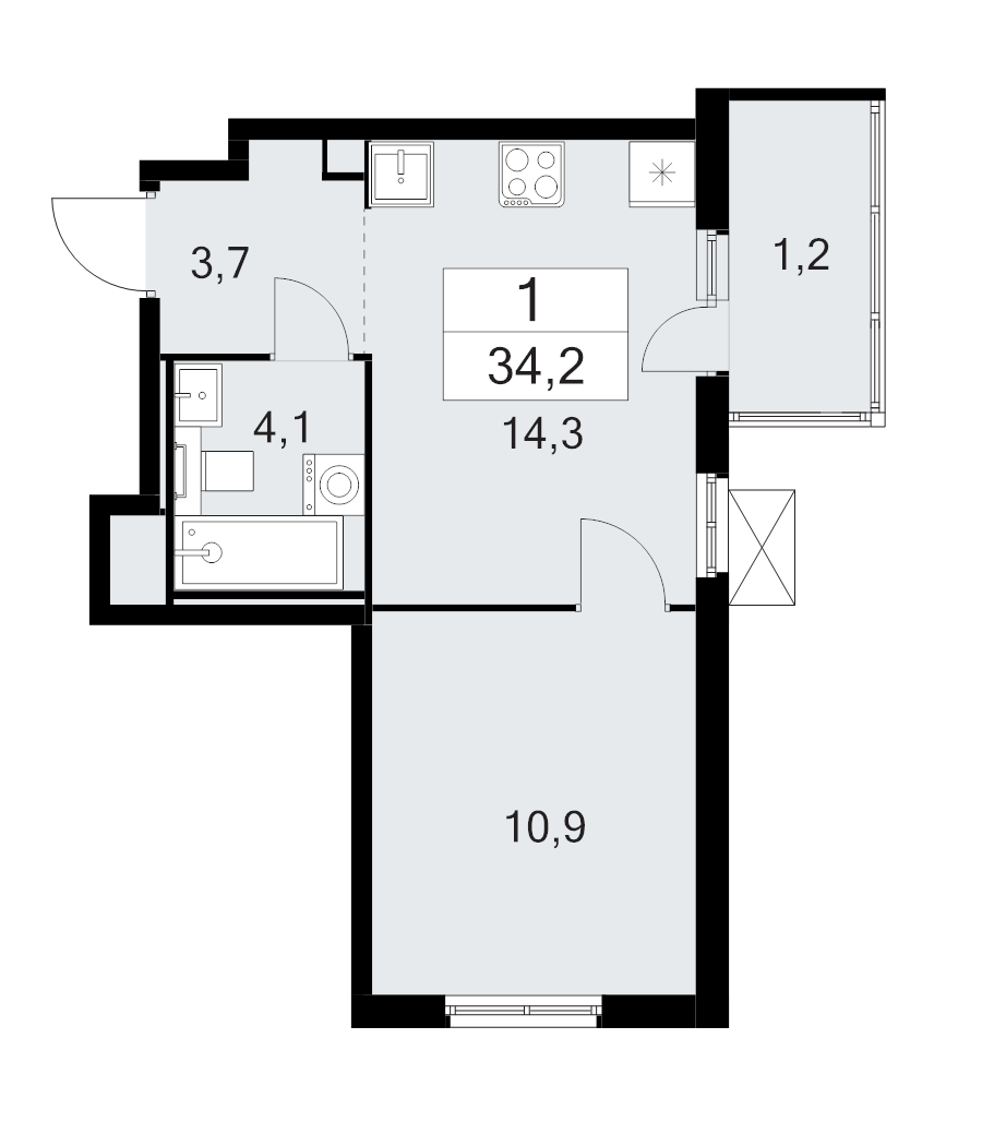 1 ккв 34,2 м²