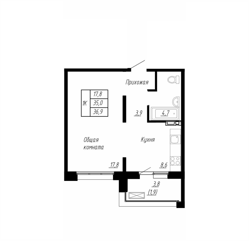 1 ккв 36,9 м²