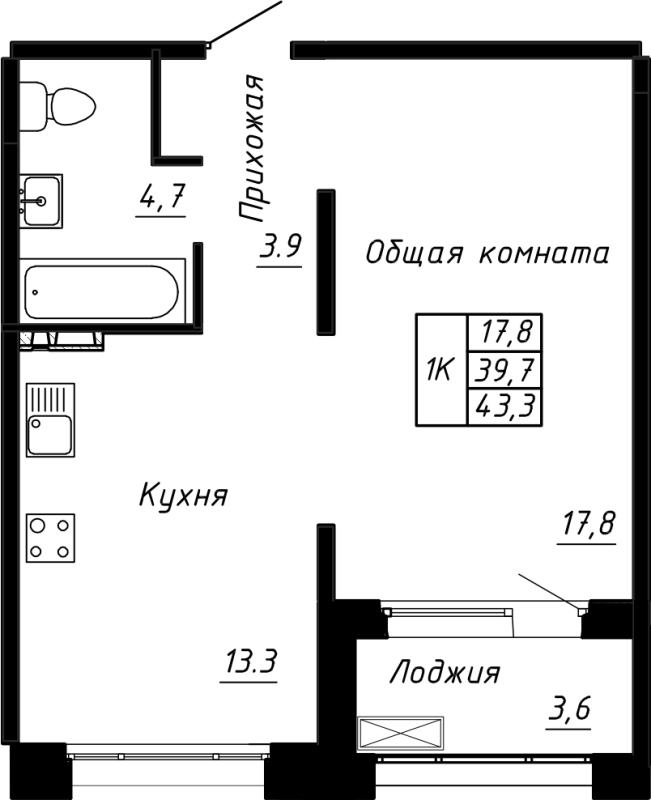 1 ккв 43,3 м²