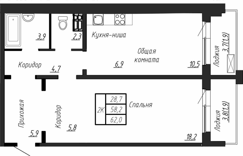 2 ккв (Евро) 62 м²
