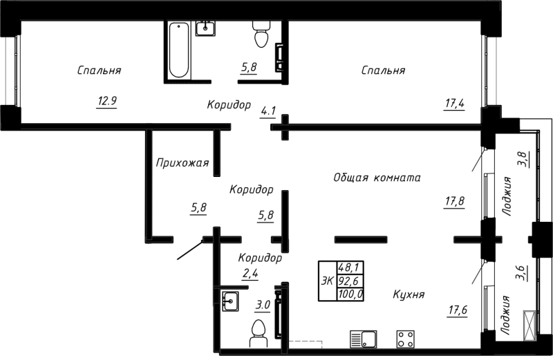 4 ккв (Евро) 100 м²