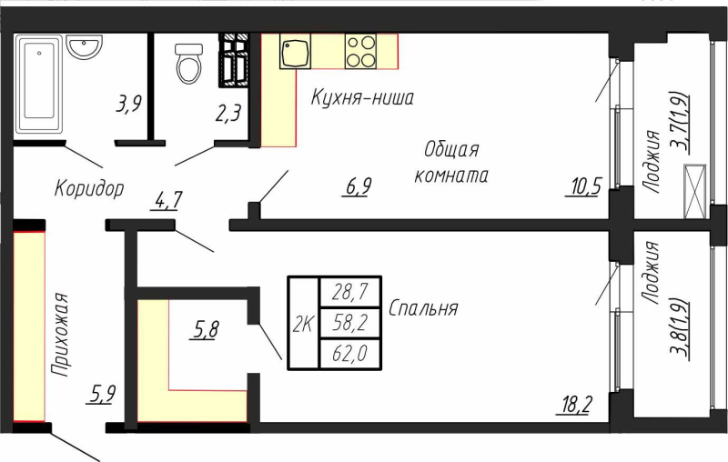 2 ккв (Евро) 62 м²