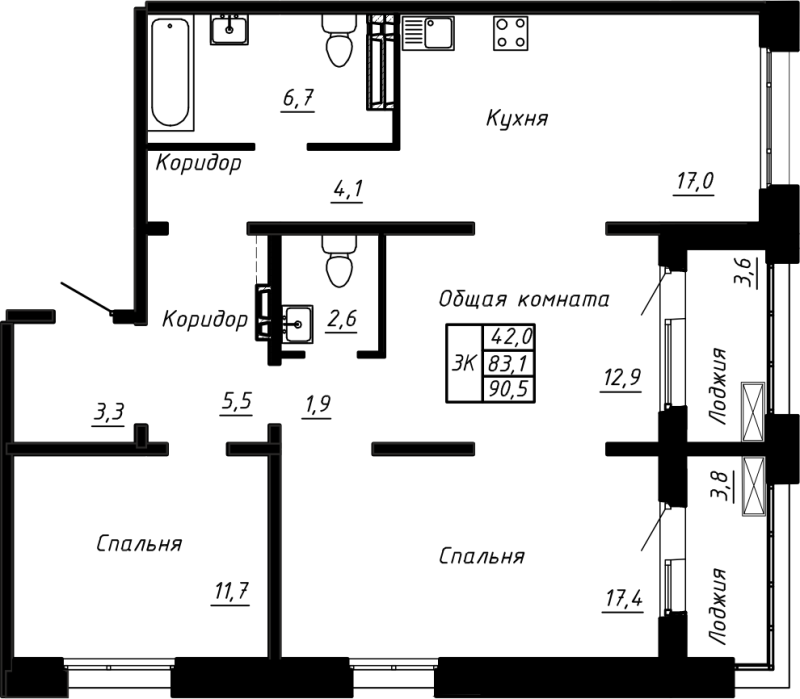 4 ккв (Евро) 90,5 м²