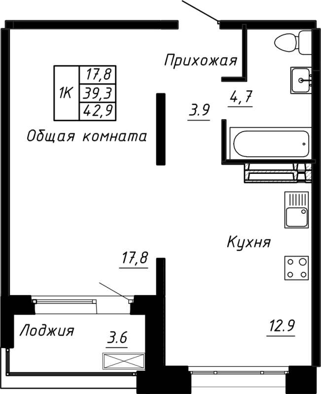 1 ккв 42,9 м²