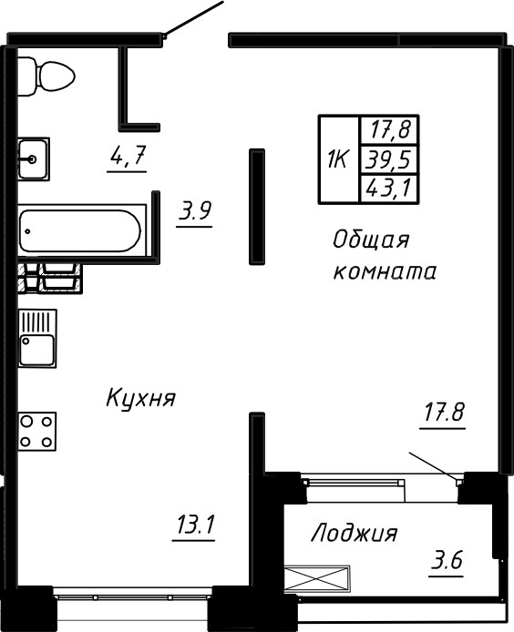 1 ккв 43,1 м²