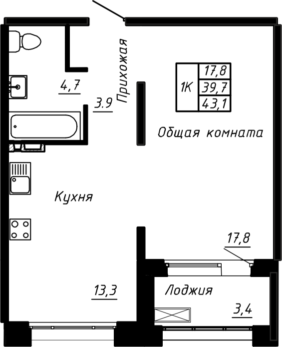 1 ккв 43,1 м²