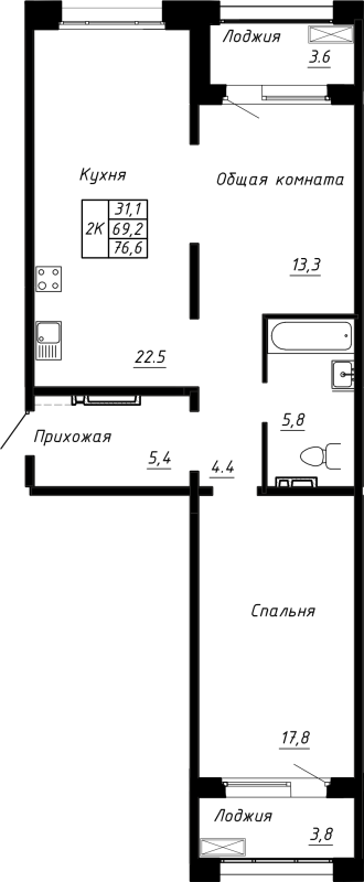 3 ккв (Евро) 76,6 м²