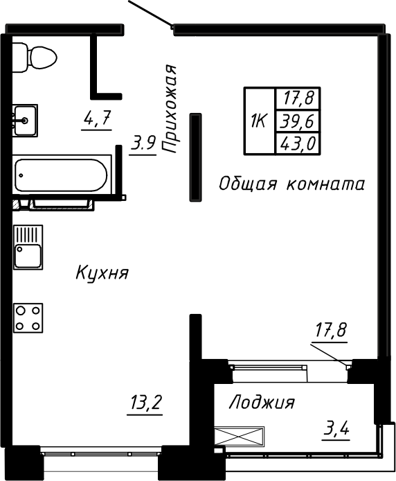 1 ккв 43 м²