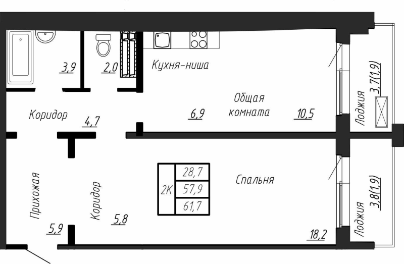 2 ккв (Евро) 61,7 м²
