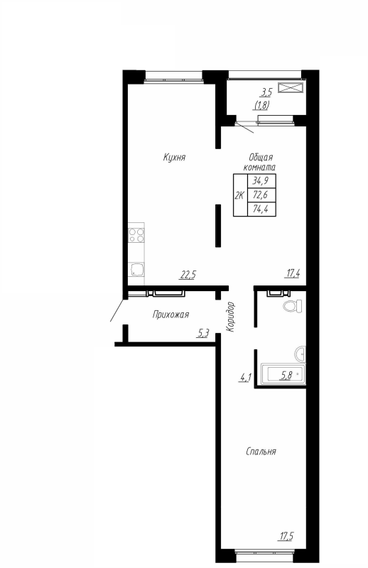 3 ккв (Евро) 74,4 м²