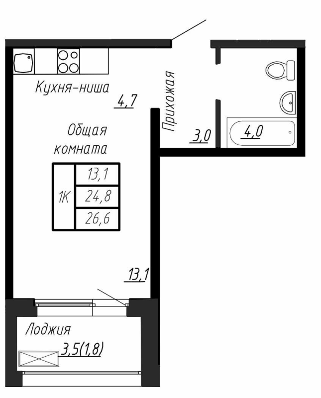 Студия 26,6 м²