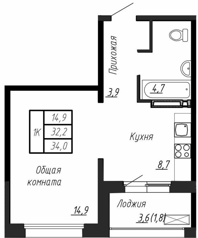 1 ккв 34 м²