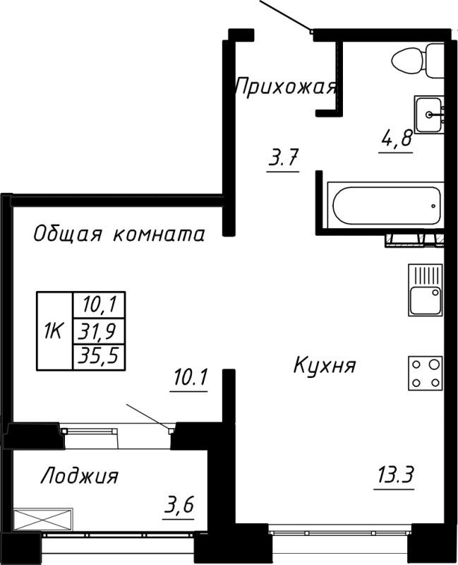 1 ккв 35,5 м²