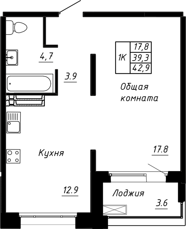 1 ккв 42,9 м²