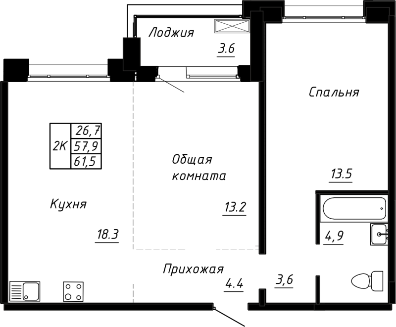 2 ккв (Евро) 61,5 м²