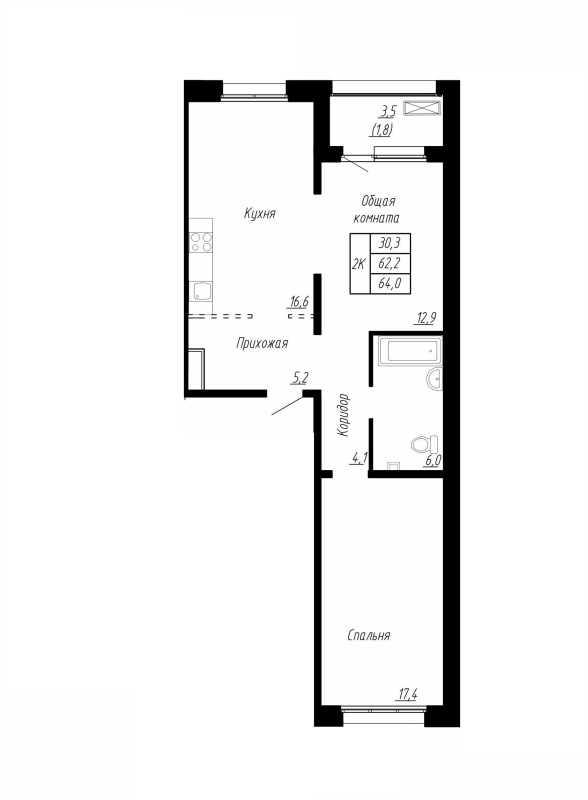 3 ккв (Евро) 64 м²