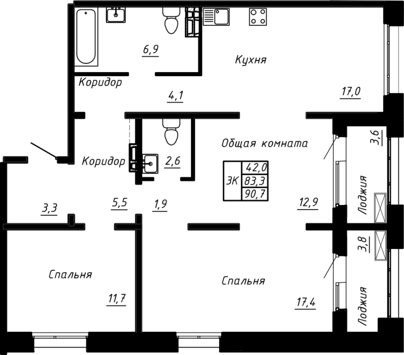 4 ккв (Евро) 90,7 м²