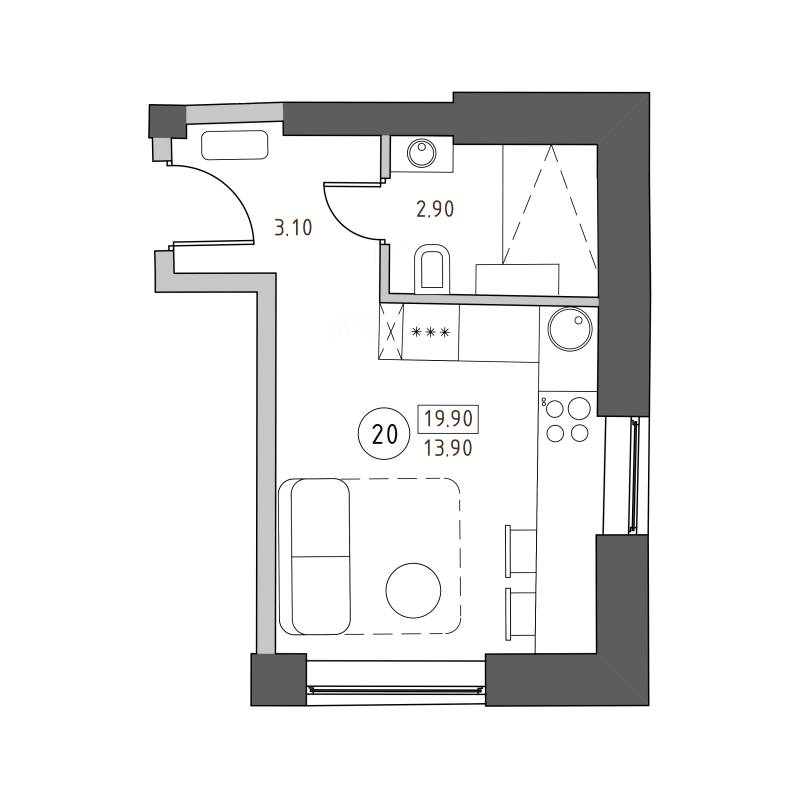 Студия 19,9 м²