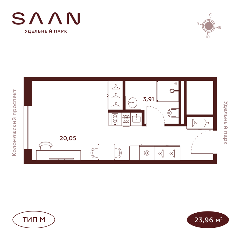 Студия 23,9 м²