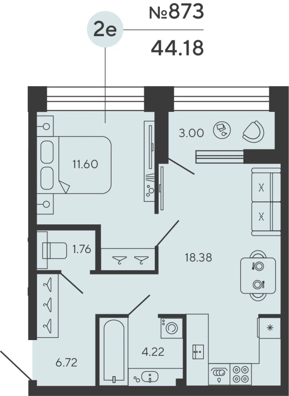 2 ккв (Евро) 43,5 м²