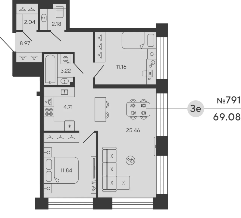 3 ккв (Евро) 68,4 м²