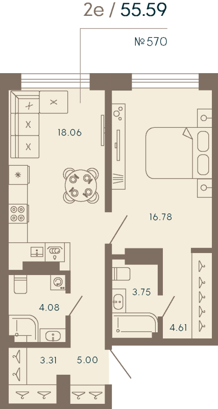 2 ккв (Евро) 55,6 м²