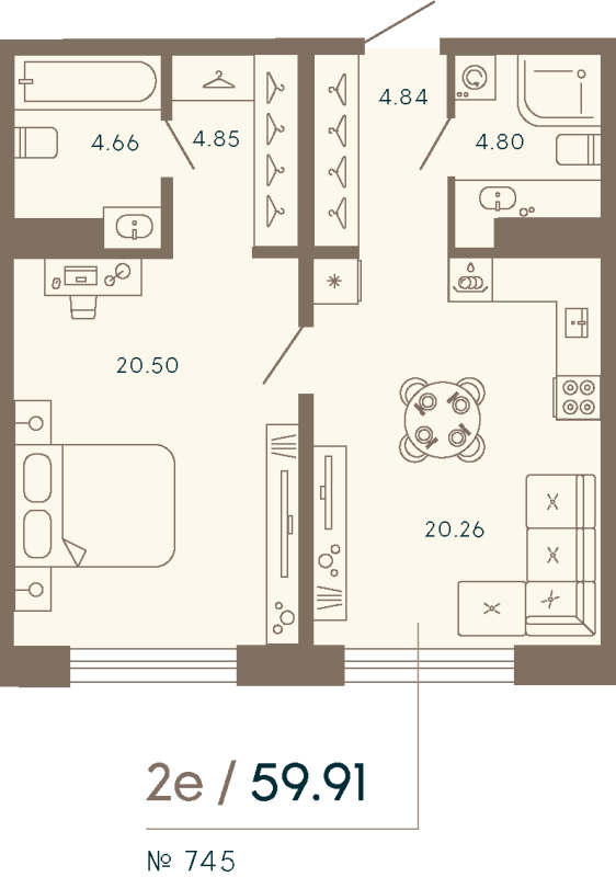 2 ккв (Евро) 59,9 м²