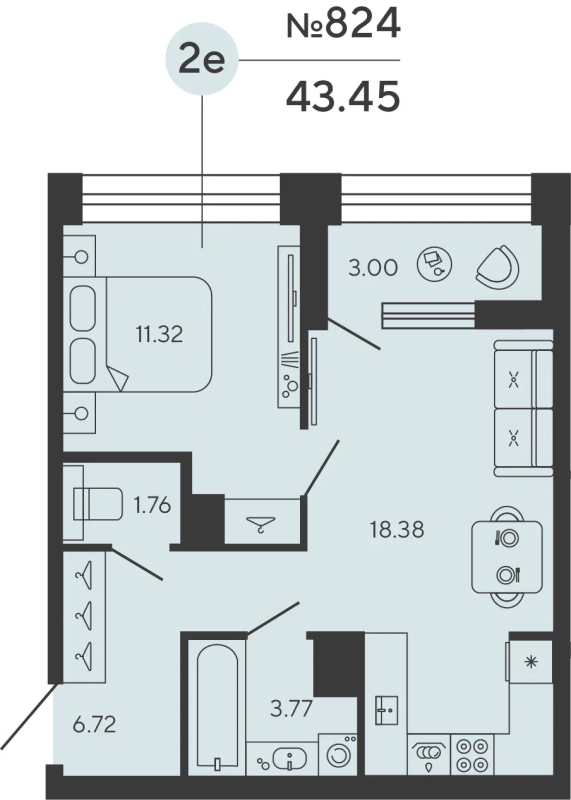 2 ккв (Евро) 43,5 м²