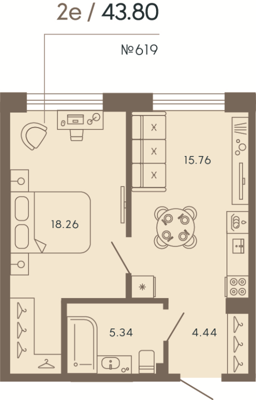 2 ккв (Евро) 43,8 м²